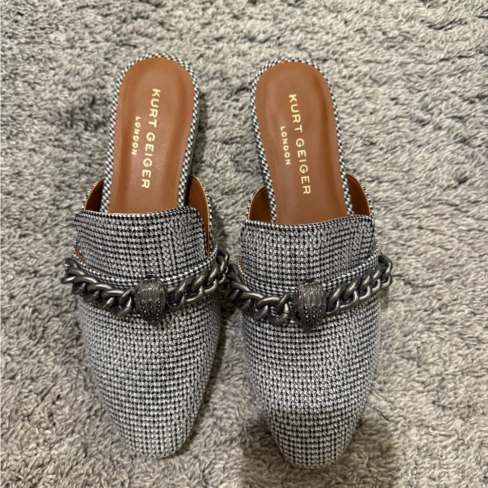 Kurt Geiger Black and White Mules with Chain Detail